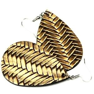 womens Gold Teardrop Dangle Earrings Textured Faux Leather Statement Retro